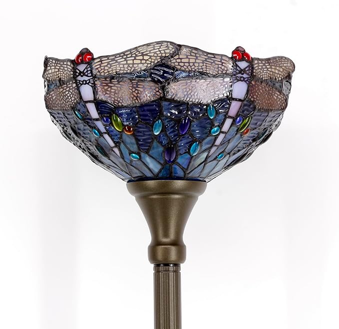 WERFACTORY Tiffany Floor Lamp Sea Blue Stained Glass Dragonfly Light 12X12X71 Inches Pole Torchiere Standing Corner Torch Uplight Decor Bedroom Living Room Home Office S631 Series