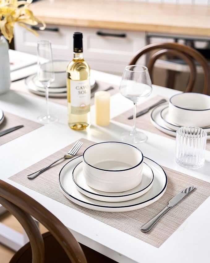 Famiware Porcelain Dinnerware Set, 12-Piece Modern Plate and Bowl Set, Dish Set for 4, Microwave and Dishwasher Safe Tableware, White with Blue Trim