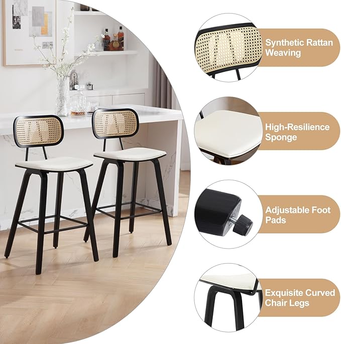 Counter Height Bar Stools, 26" PU Leather Upholstered Rattan Barstools, Mid Century Modern Bar Chairs with Black Wood Legs, Armless Walnut Kitchen Island Dining Bar Chair, White