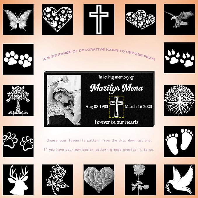 Personalized Headstone with Photo, Memorial Stone, Headstones for Graves, Grave Markers, Black Granite Garden Stone, Memorial Plaques for Outdoor, Grave Decoration for Cemetery (Picture left)