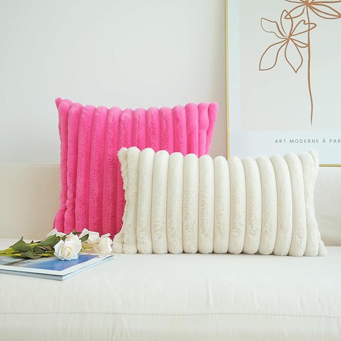 JOJUSIS Pack of 2 Faux Fur Plush Decorative Throw Pillow Covers Couch Cushion Case Soft Pillowcases (Beige, 12 x 20-Inch)