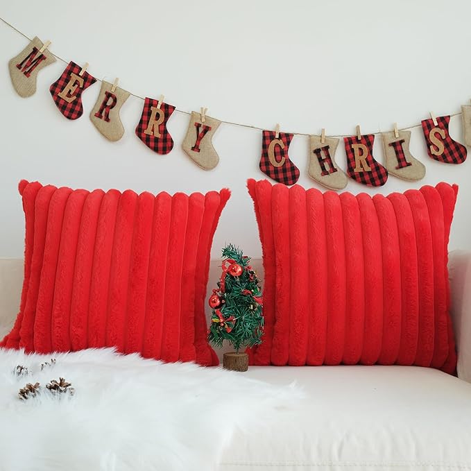 JOJUSIS Pack of 2 Faux Fur Plush Decorative Christmas Red Throw Pillow Covers Couch Cushion Case Soft Pillowcases (Red, 16 x 16-Inch)