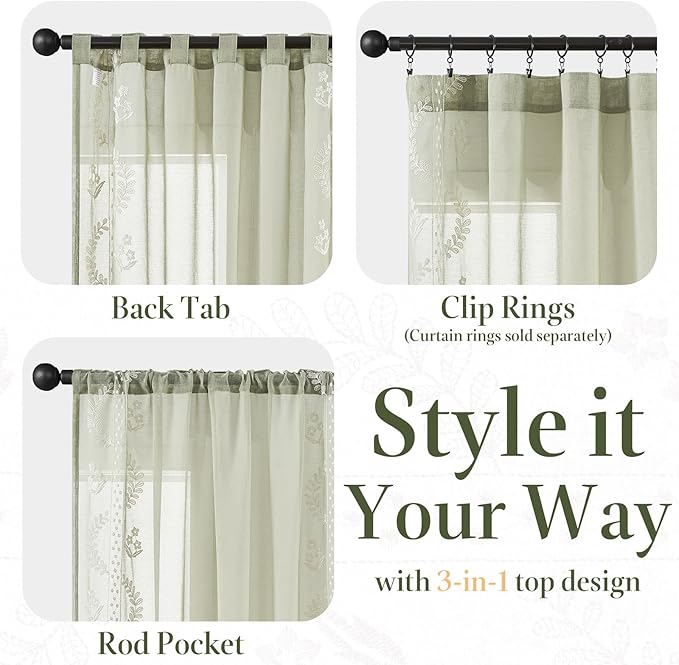 jinchan Belrose Sage Green Floral Sheer Curtains for Bedroom 63 Inch Long Voile Embroidered Farmhouse Curtains for Living Room Ivory Flower Patterned Rod Pocket Window Treatments, 2 Panels Green