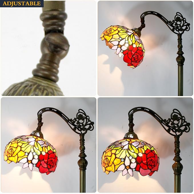 WERFACTORY Tiffany Floor Lamp Red Rose Flower Stained Glass Arched Lamp 10X18X64 Inches Gooseneck Adjustable Corner Standing Reading Light Decor Bedroom Living Room S001 Series