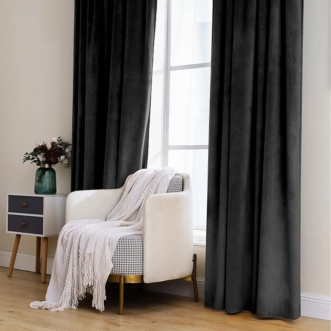 MIULEE Black Velvet Curtains 96 inches 2 Panels - Luxury Blackout Curtains for Bedroom Living Room Thermal Insulated Super Soft Window Drapes Rod Pocket & Back Tab Halloween Decor, W52 x L96 inches