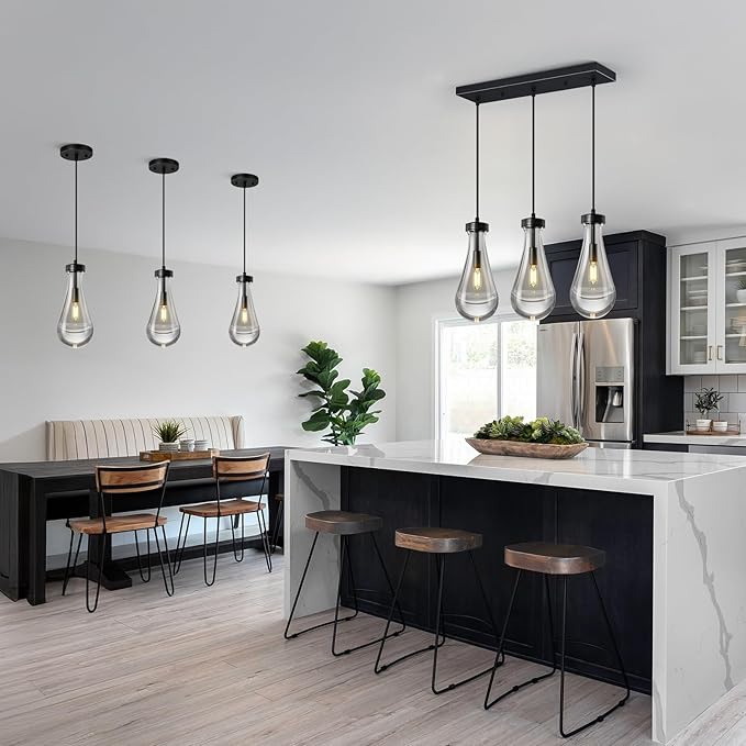 Raindrop Pendant Lights Kitchen Island Teardrop Black Hanging Light Fixtures Clear Solid Glass Pendant Light Modern Chandeliers for Dining Room Porch Corridor Living Room(Long Plate-3 Lights)
