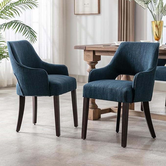 Linen Dining Chairs Set of 6 Upholstered Farmhouse Kitchen Chair with Arms Accent Chairs Side Chair with Wood Legs for Living Room/Dining Room/Bedroom/Restaurant, Blue