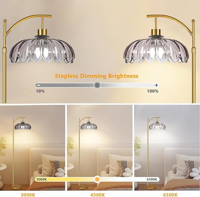 Floor Lamp for Living Room,Bedroom,Gold Dimmable Standing Lamp with Remote,Mid Century Modern Brass Tall Lamp Retro Vintage Grey Glass Lamp Floor Light Boho Bohemian