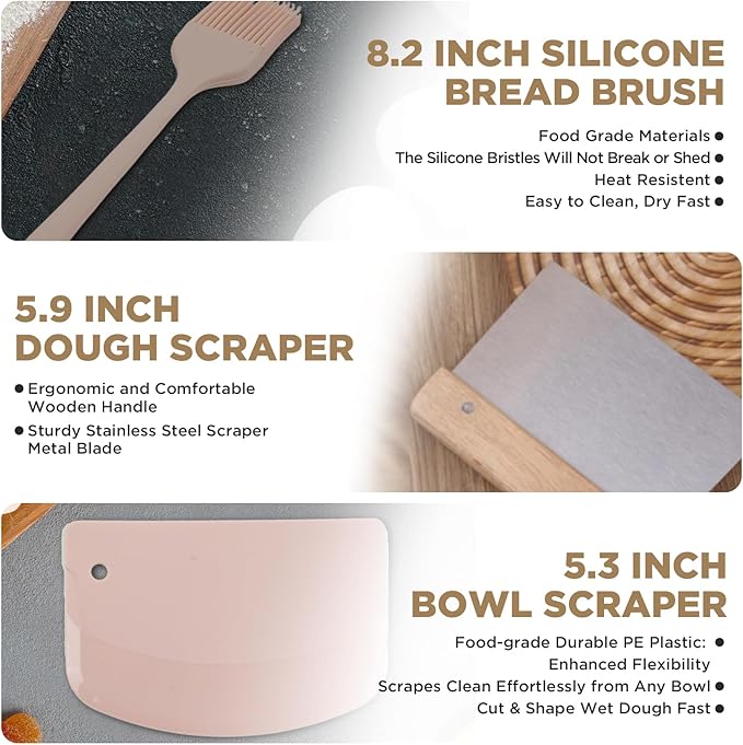 Banneton Proofing Basket Set Sourdough Starter Kit, 10" Oval Bread Dough Proofing Basket, Artisan Style Sourdough Bakers Baking Supplies Handmade Rattan Bread Making Tool for Home