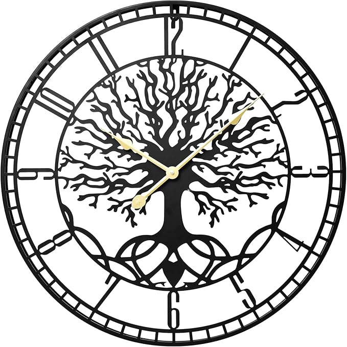 Tree of Life Wall Clock – Elegant 24-Inch Oversized Metal Farmhouse Decor for Living Room, Modern Battery Operated Wall Clock with Silent Operation