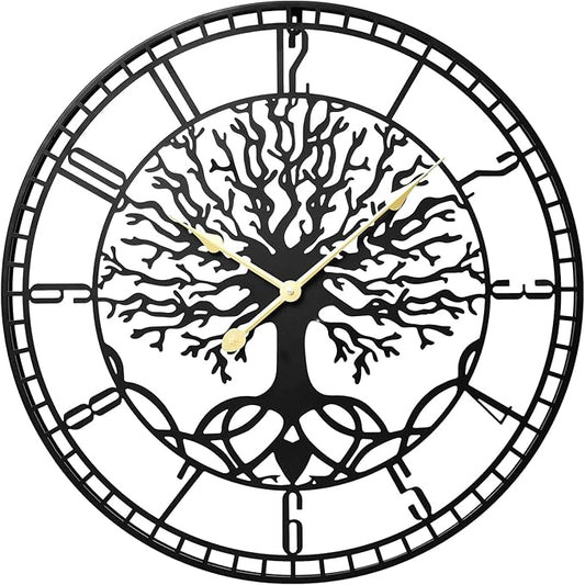 Tree of Life Wall Clock – Elegant 24-Inch Oversized Metal Farmhouse Decor for Living Room, Modern Battery Operated Wall Clock with Silent Operation