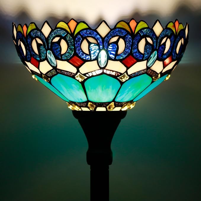 Tiffany Floor Lamp Torchiere Stained Glass Torch Lamp 12X12X67 Inch Antique Standing Corner Light (Blue Jewelry Baroque)