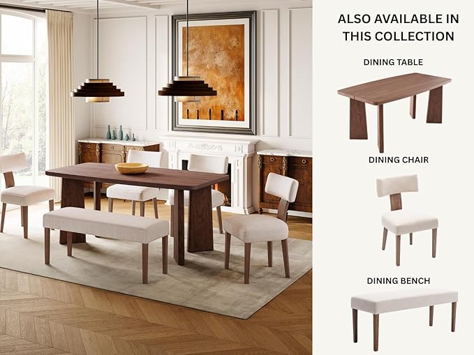 Wooden Dining Table Set of 4, Farmhouse Rectangular Dining Room Table with 4 Upholstered Beige Dining Room Chairs, Natural Frame, Modern Walnut Kitchen Table and Linen Chairs Set for Home