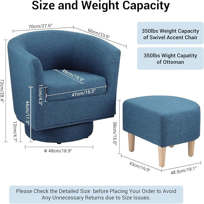 DAZONE Swivel Accent Chair, Modern Barrel Chair with Ottoman, Comfy Swivel Armchair Living Room Chairs 360 Degree Upholstered Round Club Tub Chairs for Bedroom Reading Room, Blue