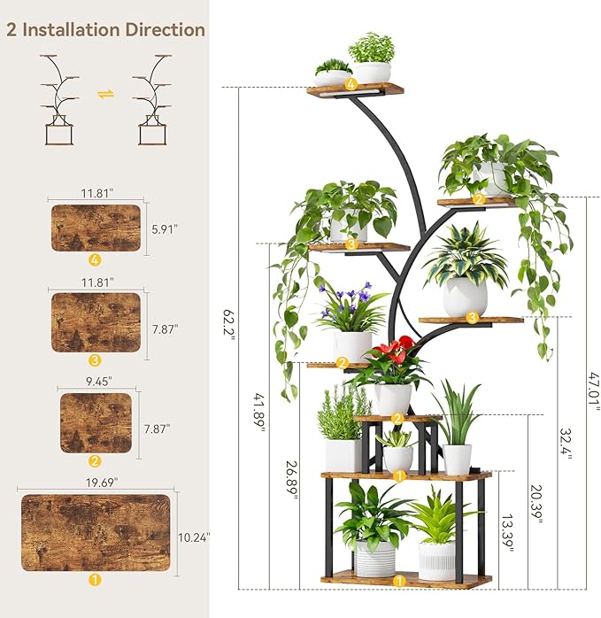 C3 Plant Stand Indoor with Grow Lights, 8 Tiered 62.2" Tall Plant Stand, Corner Large Metal & Wood Plant Shelf, S-Shaped Plant Display Shelves for Living Room, Patio, Outdoor