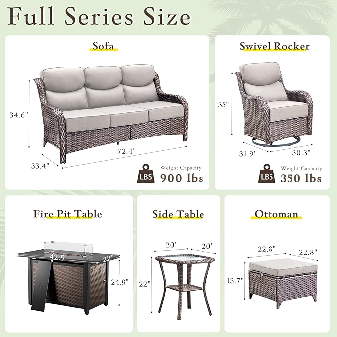 Luxury High Back Outdoor Furniture with 6-inch Extra Thick Cushions, Patio Furniture Set with Fire Pit Table & Swivel Chairs, 7 PCS Wicker Conversation Set for Yard, Deck, Poolside, Brown/Beige