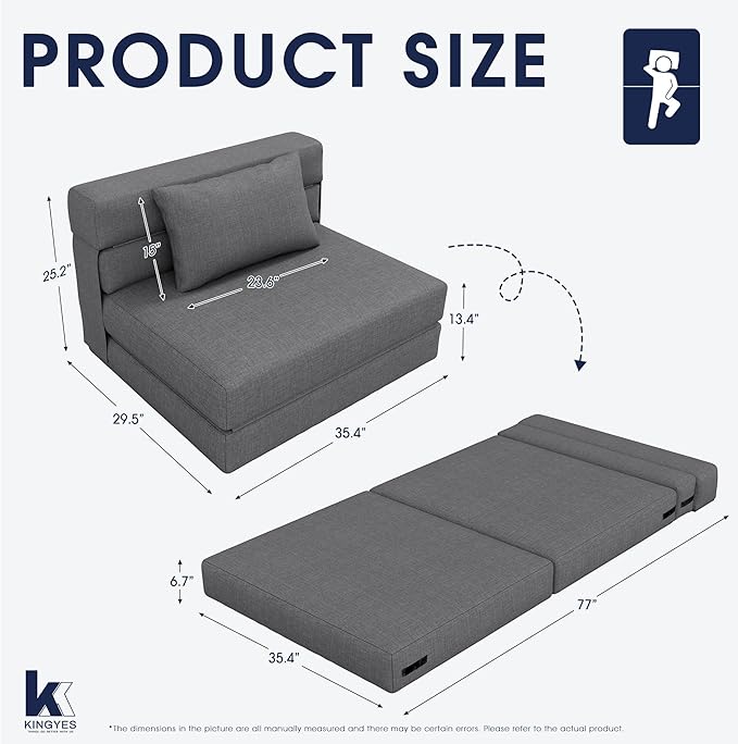 KINGYES 4 in 1 Foldable Sofa Bed, Modern Folding Sleep Chair with Back Cushion, Convertible Chair Sleeper, Grey