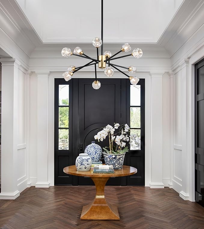 AMZASA Crystal Chandeliers, Modern Black and Gold Sputnik Pendant Lighting, 12 Lights Mid Century Ceiling Light Fixtures for Dining Room Kitchen Island Living Room Bedroom Bar,UL