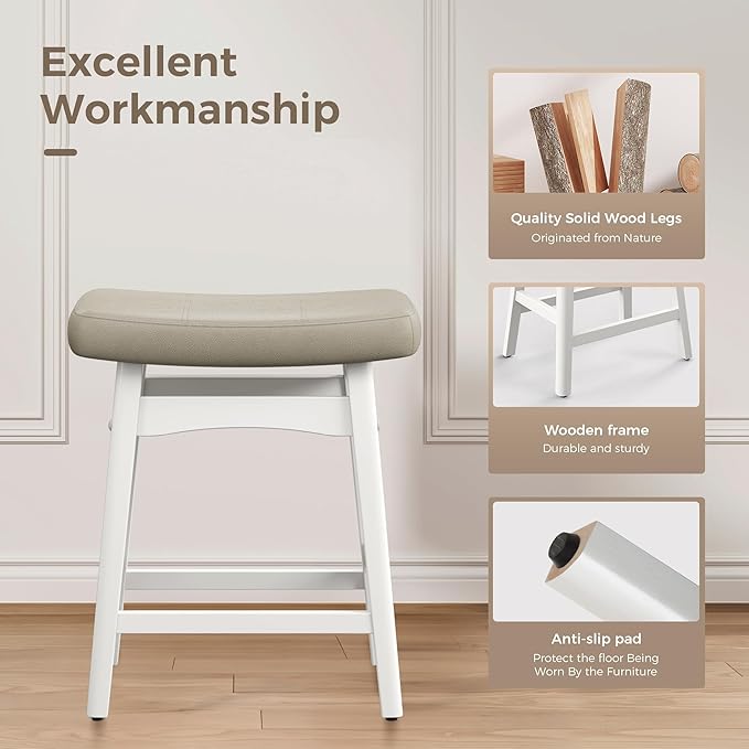 MAISON ARTS Beige Counter Height Bar Stools for Kitchen Counter Solid Wood Legs with Faux Leather Saddle Seat Farmhouse Barstools for 34"-38" Counter Island Upholstered Stools, 24in Height