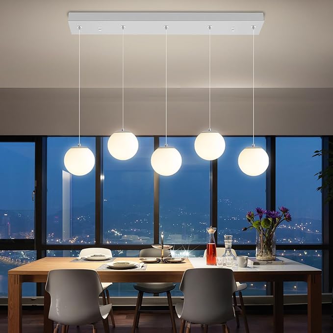5-Lights Globe Pendant Light for Kitchen Island H 98" Silver Rectangle Chandelier Milk White Glass Pendant Lighting for Living Room Bedroom Entryway