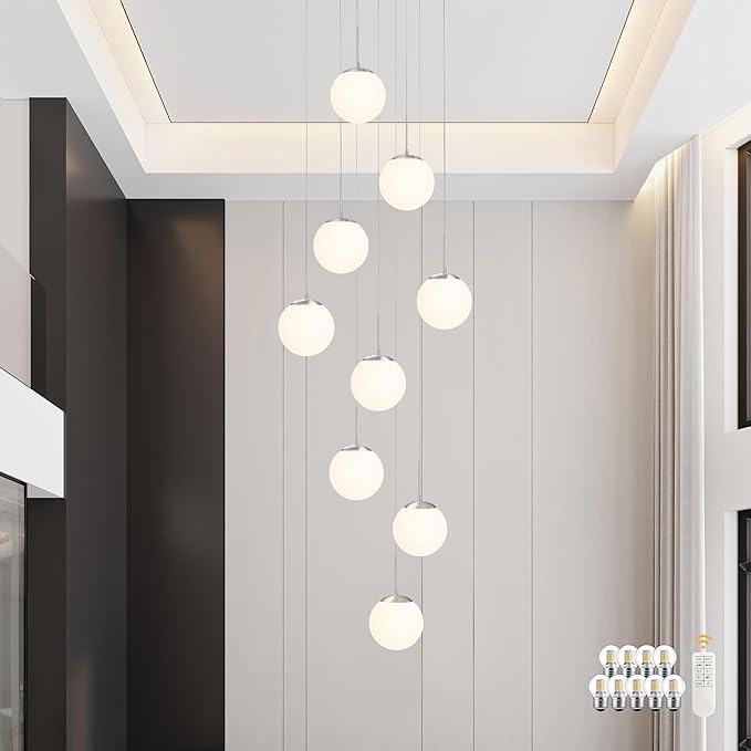 KoKo&Yukina 9-Light Globe Milky White Glass Pendant Light Adjustable Length Pendant Lights Modern Glass Globe Pendant Lights Nickel Chandeliers Large Chandeliers for High Ceiling (Bulb & Remote Incl)