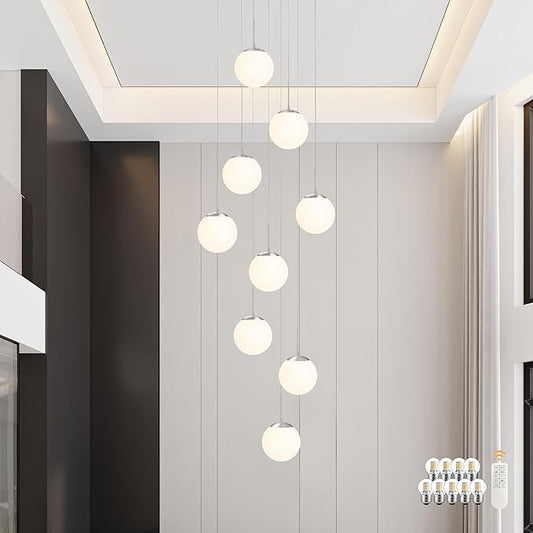 KoKo&Yukina 9-Light Globe Milky White Glass Pendant Light Adjustable Length Pendant Lights Modern Glass Globe Pendant Lights Nickel Chandeliers Large Chandeliers for High Ceiling (Bulb & Remote Incl)