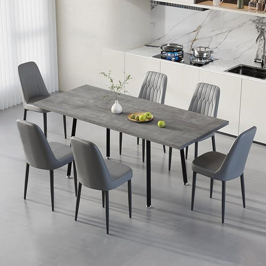 7 Piece Dining Table Set for 6-8,55-71" Extendable Dining Table Set with 6 Upholstered Chairs,Rectangle Kitchen Table Set for Small Space,Dining Room and Office,Grey