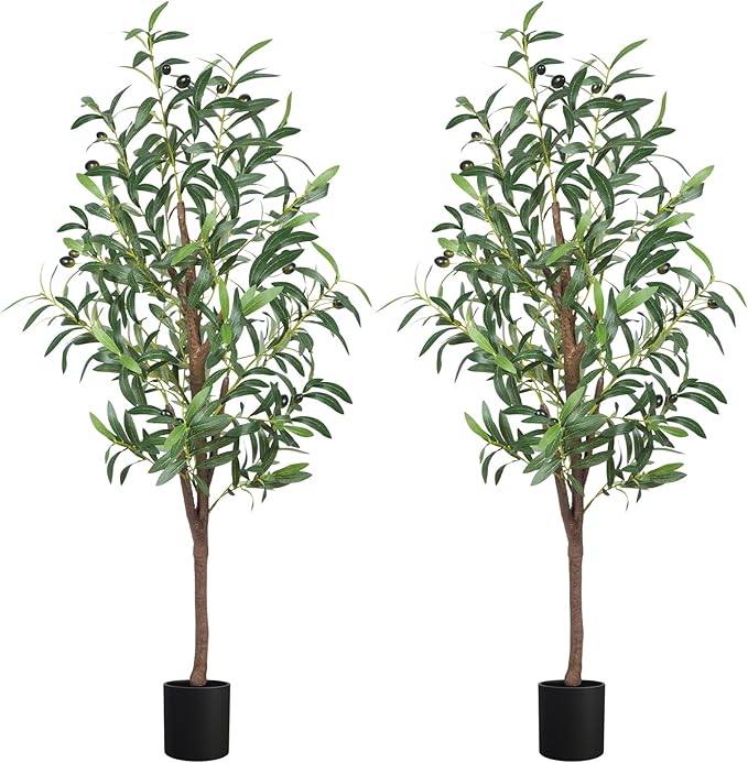 4FT Artificial Olive Tree, Faux Olive Trees 48in Outdoor Fake Potted Silk Plant with Trunk and Realistic 436 Leaves and 16 Fruits for Modern Office Home Decor Indoor 2Pack