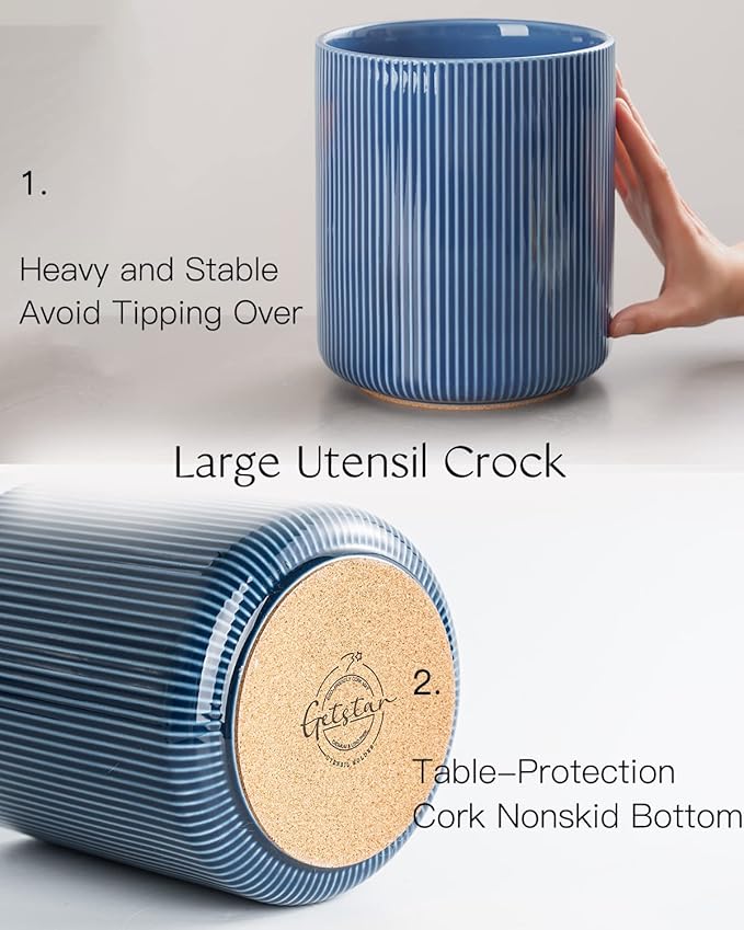 getstar Large Kitchen Utensil Holder for Kitchen Counter (H7.2” x W6.2”), Ceramic Cooking Utensil Holder with Cork Mat (Navy, Utensils Not Included)