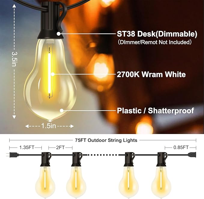 75FT Outdoor String Lights with 35+3 Waterproof Bulbs, 2FT Bulbs Apart, Dimmable & Connectbale, Commercial Grade Patio String Lights for Outside Porch Backyard Garden Deck Decor