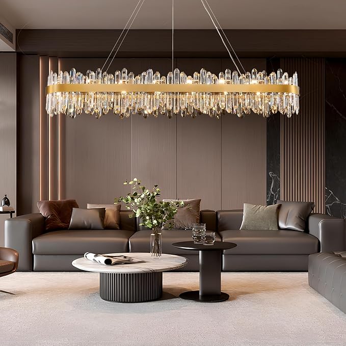 Modern Crystal Chandelier, L57'' Rectangle Gold Raindrop Chandelier Luxury Oval Pendant Ceiling Light Fixture for Living Room Dining Room Kitchen Island, G9 x 32 Lights