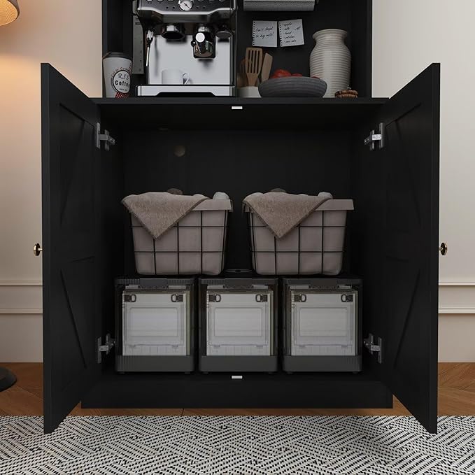 71" Black Farmhouse Kitchen Pantry Cabinet Set of 3— Freestanding Coffee Bar with Glass Doors or Drawers, Microwave Stand, Large Storage Hutch with Adjustable Shelves for Kitchen, Living Room