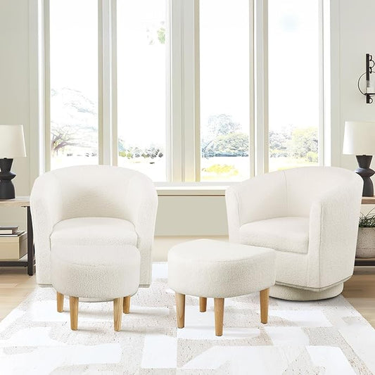 DAZONE Sherpa Accent Chairs Set of 2, White Barrel Chair with Ottoman, Comfy Armchair for Small Spaces, 360° Modern Fabric Lounge Chair for Living Room, Bedroom, Reading Nook, Home Office