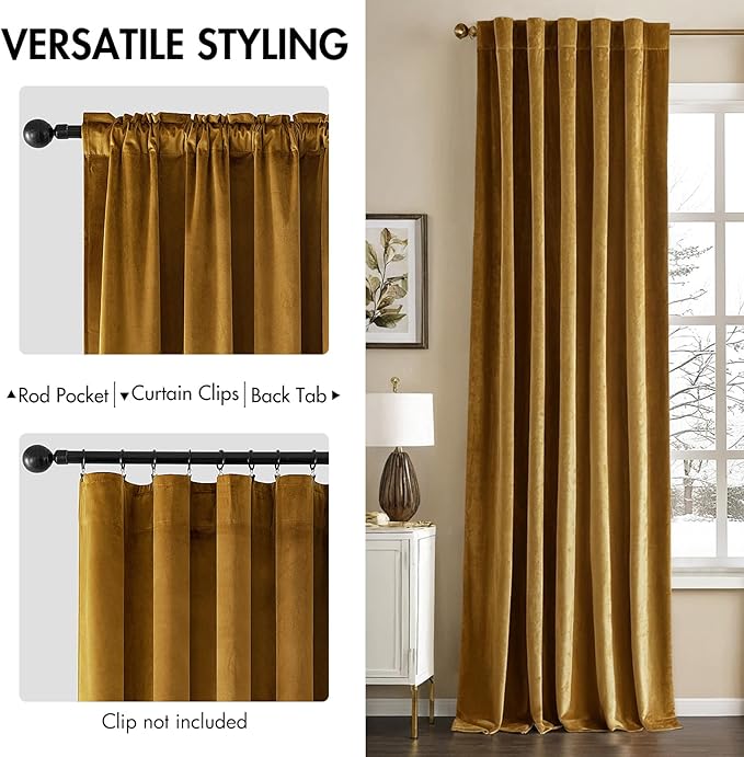 MIULEE Velvet Curtains 96 inches - Luxury Room Darkening Curtains for Bedroom Living Room Thermal Insulated Super Soft Window Drapes Rod Pocket & Back Tab, Gold, W52 x L96 inches, 2 Panels