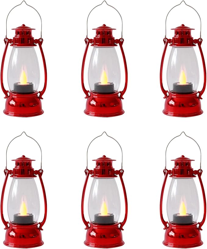 Christmas Mini Lanterns 6-Pcs LED Small Lanterns Indoor Red Lanterns Decorative Outdoor Hanging Lantern Decorative Candle Lanterns Farmhouse Decor for Weddings Party Halloween Xmas Decor