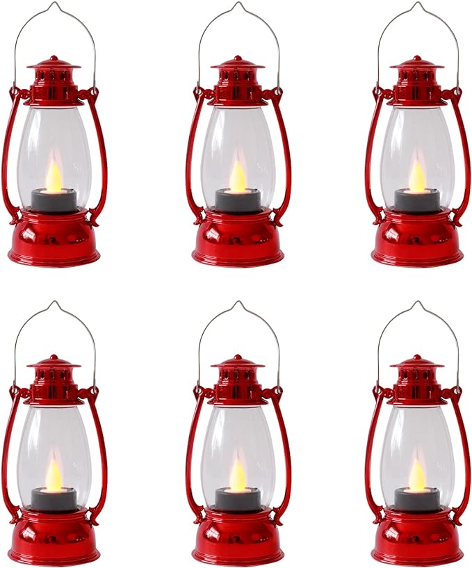 Mini Lanterns,12Pcs Red Lantern Decorative with Flickering LED Candle, Retro Small Hanging Lanterns, Christmas Table Centerpiece, Indoor Halloween Xmas Decorations, Camping Party Decor