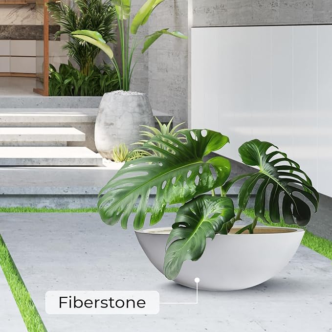 7.7" H x 22" D Round Bowl Fiberstone Planter for Succulent and Lotus, Drainage Hole, Weather Resistant for Indoor and Outdoor Use, Included 2 Extra Coco Mats (White, 19.9" Pot Opening)