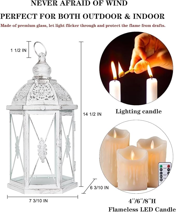 DECORKEY Lantern Decorative Indoor & Outdoor, 14.5'' Candle Lantern Farmhouse Home Decor, Hexagon Vintage Hanging Metal Candle Holder for Front Porch Shelf Patio Wedding Party, Christmas Decorations