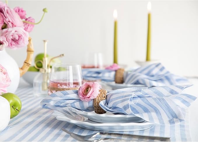 Solino Home Linen Napkins Set of 4-100% Pure Linen Amalfi Stripe Sky Blue and White Cloth Dinner Napkins 20 x 20 Inch - Handcrafted and Machine Washable - Christmas, Holiday