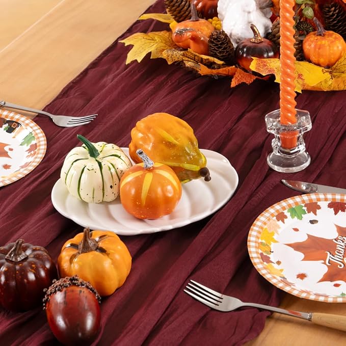 Burgundy Red Cheesecloth Table Runner 6 Pack Fall Table Runners Boho Gauze 120 Inches Red Cheese Cloth Fall Table Decorations for Thanksgiving Christmas Weddings Bridal Shower Candlelight