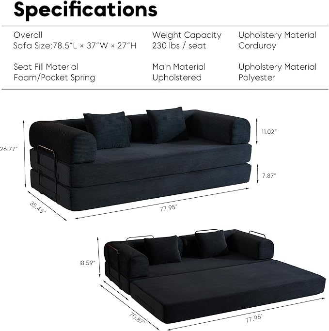 Convertible Sleeper Sofa Bed with Fixed-Shape Frame, Corduroy Folding Boneless Couch with Cylindrical Pillow, Comfy Floor Sofa Couch for Living Room, No Assembly Required, Black