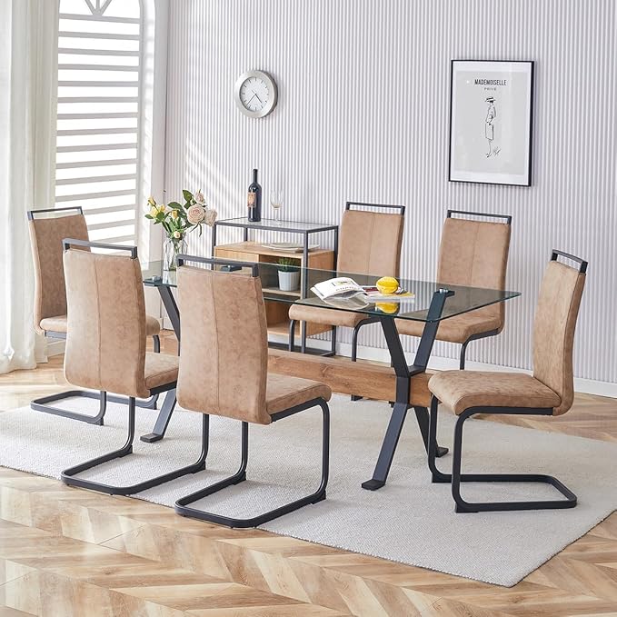 7 Piece Glass Dining Table Set, Kitchen Table Chairs Set for 6, 71'' Dining Table with 0.4" Tempered Glass Tabletop with Plated Metal Legs and MDF Crossbar, 6 PU Chairs for Dining Room, Kitchen.