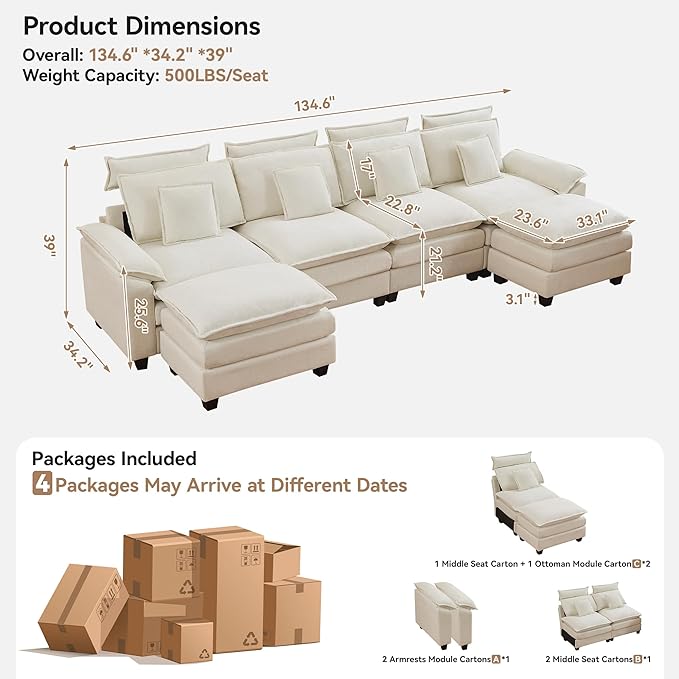 134'' Cloud Modern 4 Seater Couch with Detachable Headrest, Modular Sectional Sofa with 2 Ottoman, Oversized U Shape Chenille Comfy Sofa with Armrests for Living Room, Beige