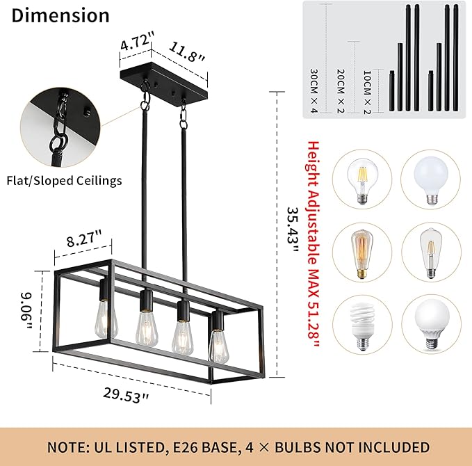 Black 4-Light Industrial Vintage Chandelier, Modern Linear Rectangular Cage Hanging Light Fixture for Farmhouse Kitchen, Dining Room, Bar, Living Room