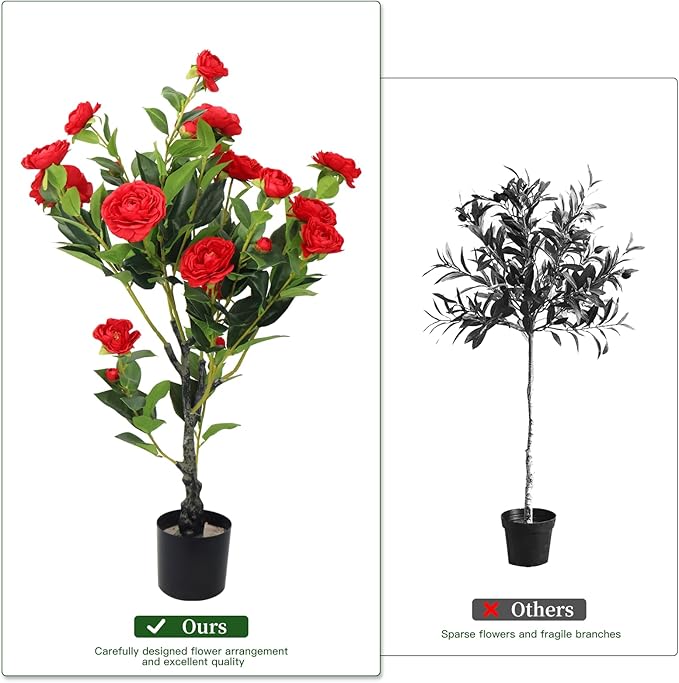 2 Pack Artificial Camellia Tree, 36" Red Faux Camellia Plant, Fake Indoor Outdoor Tree for Home, Office, Porch, Living Room, Red