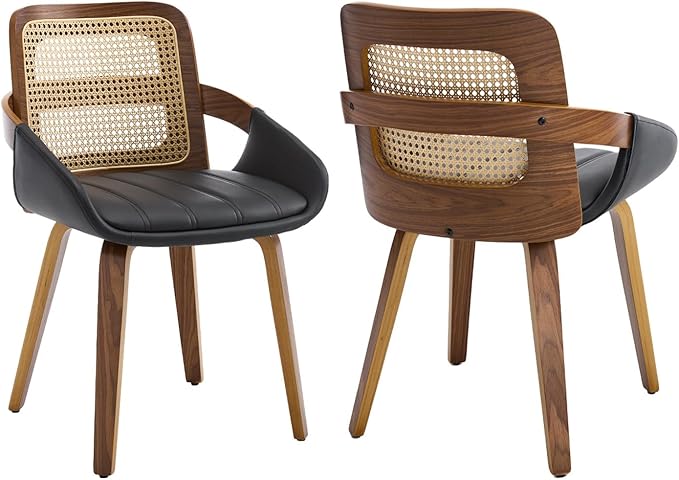 Dining Chairs Set of 2, Mid Century Modern Dining Room Chairs with Arms and Rattan Back PU Leather Upholstered Bentwood Kitchen Chairs for Home Restaurant Office - Black