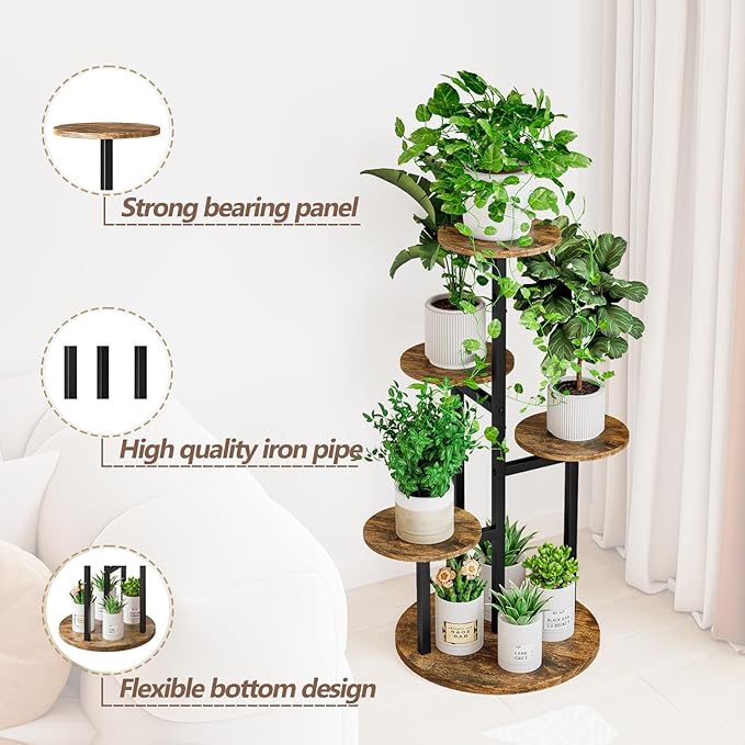 Plant Stand Indoor 5 Tier 8 Potted Multiple Flower Pot Holder for Patio Garden Balcony Living Room Corner (5 Tier Black+Rustic Brown)
