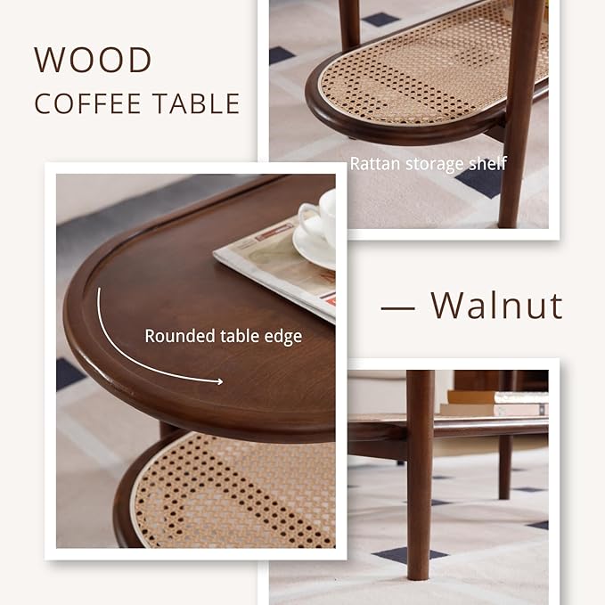 Modern Rattan Coffee Table, 39.5 Oval Walnut Wood Coffee Table with Storage Shelf for Living Room, 2-Tier Center Table Entryway Table Side Table Nightstand for Bedroom Office Small Space Cafe