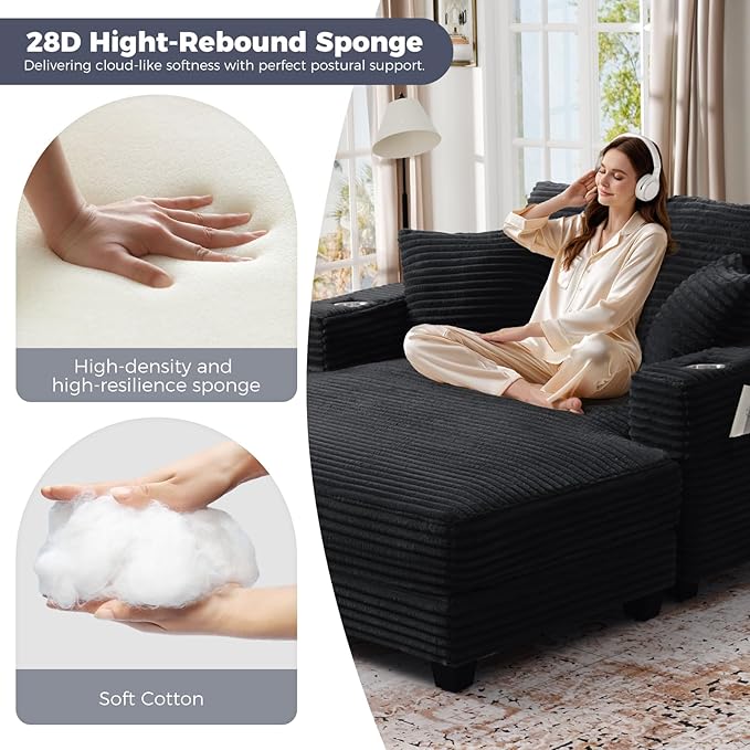 HUSFU 60'' Oversized Chaise Lounge Chair, Upholstered Sofa Bed, Sleeper Couch Reading Chairs with USB Port and Cup Holders,Comfy Cloud Sofas Couches for Living Room,Black