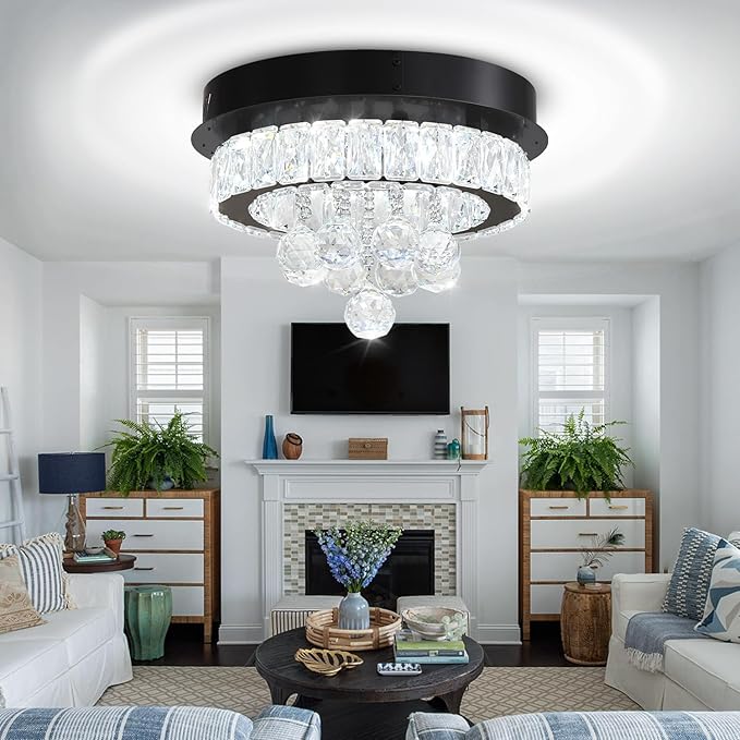 Flashing God 12" Modern Crystal Chandeliers Flush Mount Ceiling Light Black Chandelier for Hallway LED Dimmable Light Fixture for Dining Room Living Room Bedroom